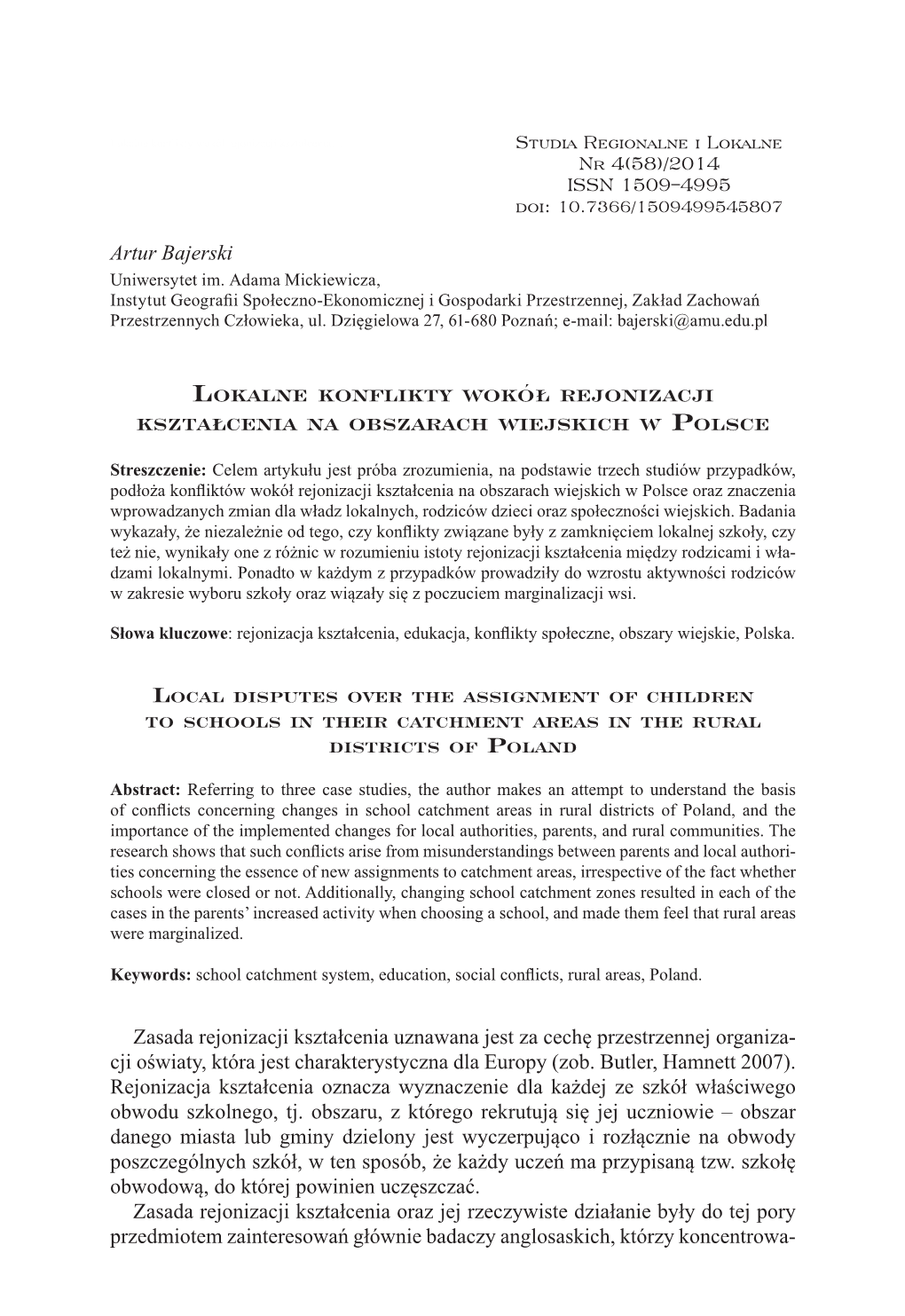 Lokalne Konflikty Wokół Rejonizacji Kształcenia… Studia Regionalne I Lokalne Nr 4(58)/2014 ISSN 1509–4995 Doi: 10.7366/1509499545807