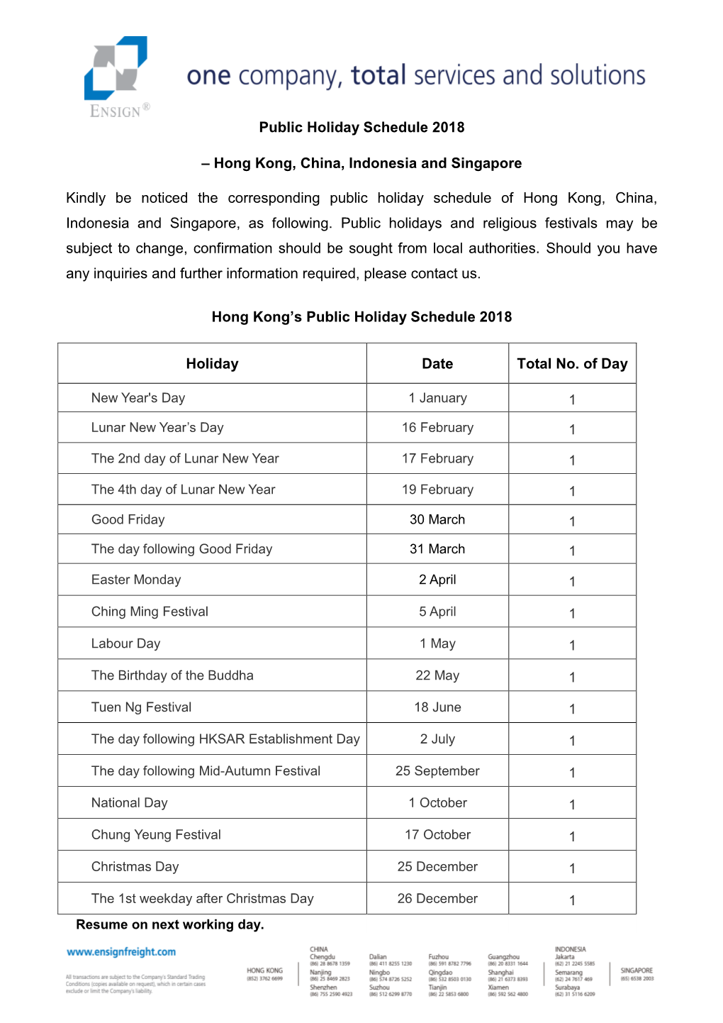 Public Holiday Schedule 2018