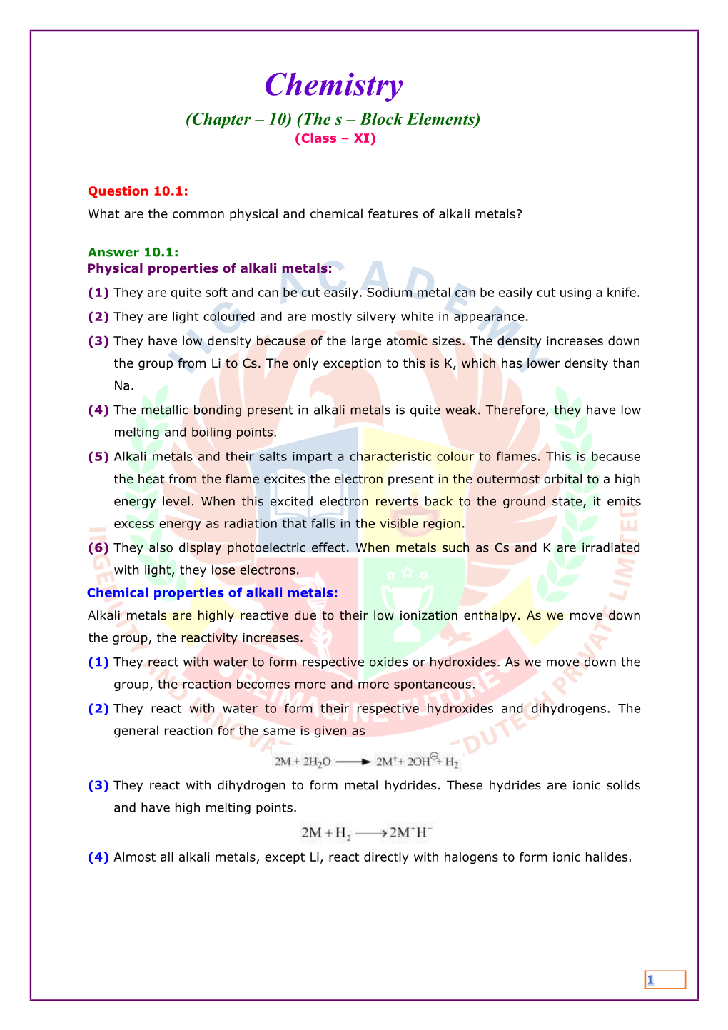 Chapter 10 the S-Block Elements