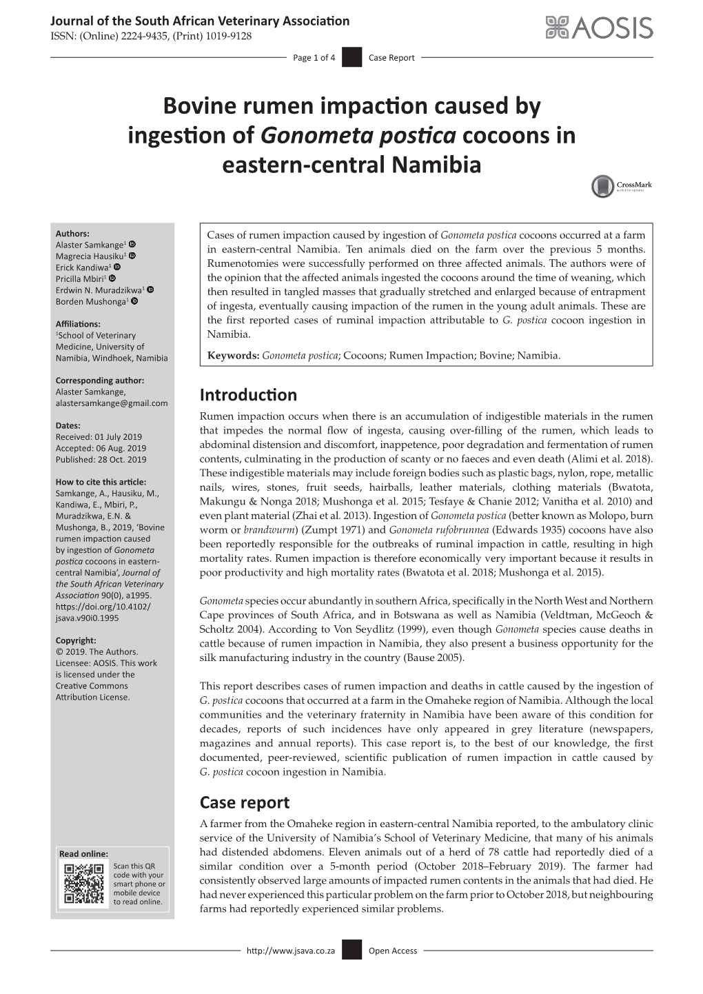 Bovine Rumen Impaction Caused by Ingestion of Gonometa Postica