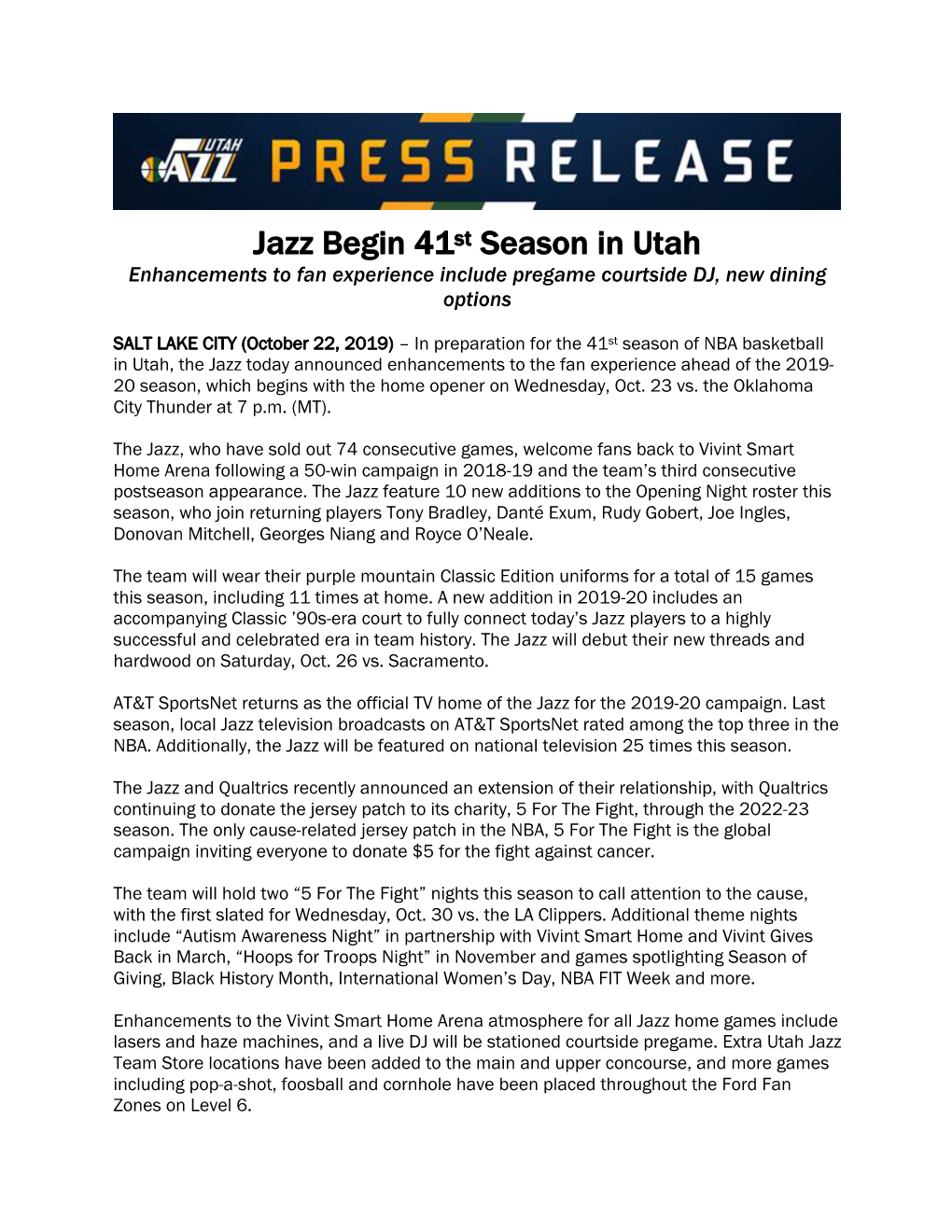 Jazz Begin 41St Season in Utah