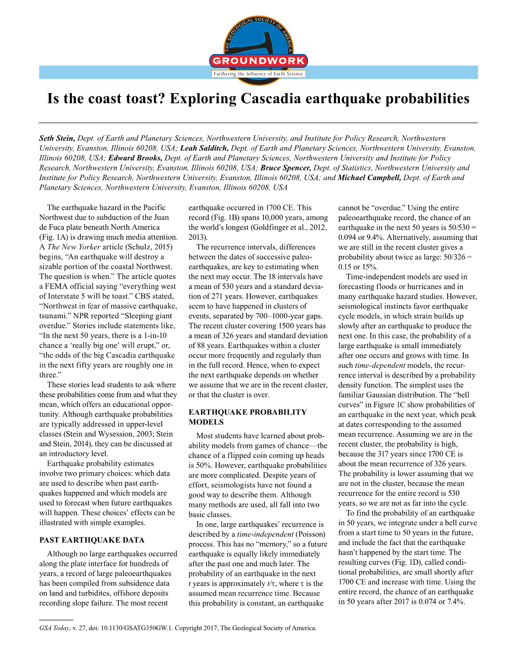 Exploring Cascadia Earthquake Probabilities