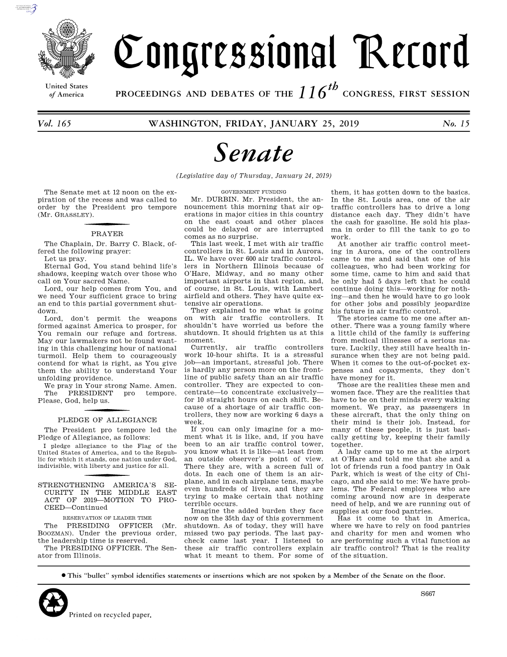 Congressional Record United States Th of America PROCEEDINGS and DEBATES of the 116 CONGRESS, FIRST SESSION