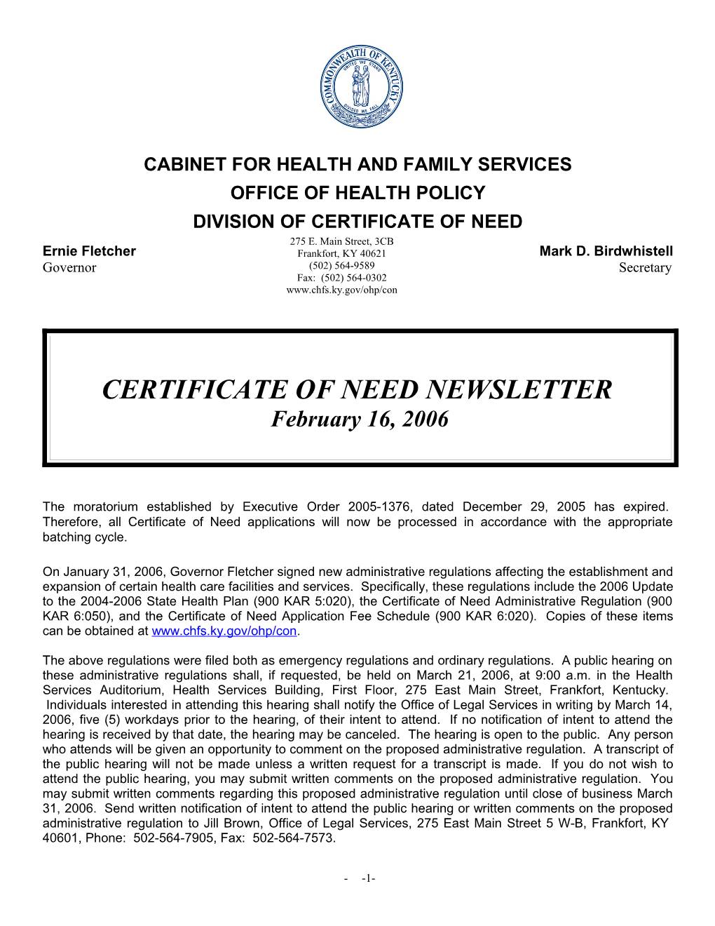 Certificate of Need Newsletter s2