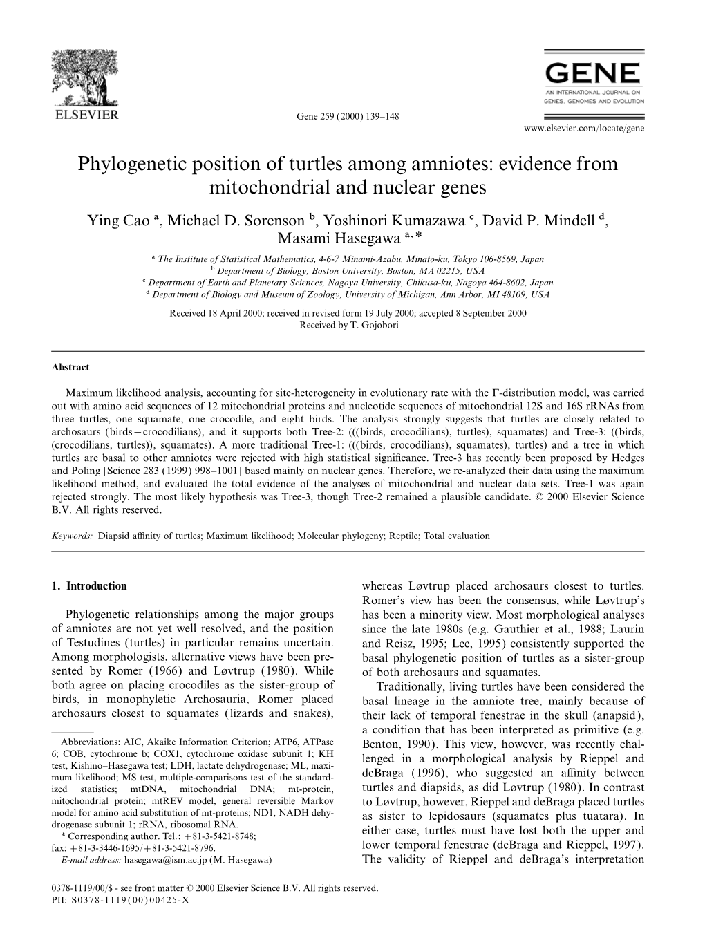 Phylogenetic Position of Turtles Among Amniotes: Evidence from Mitochondrial and Nuclear Genes