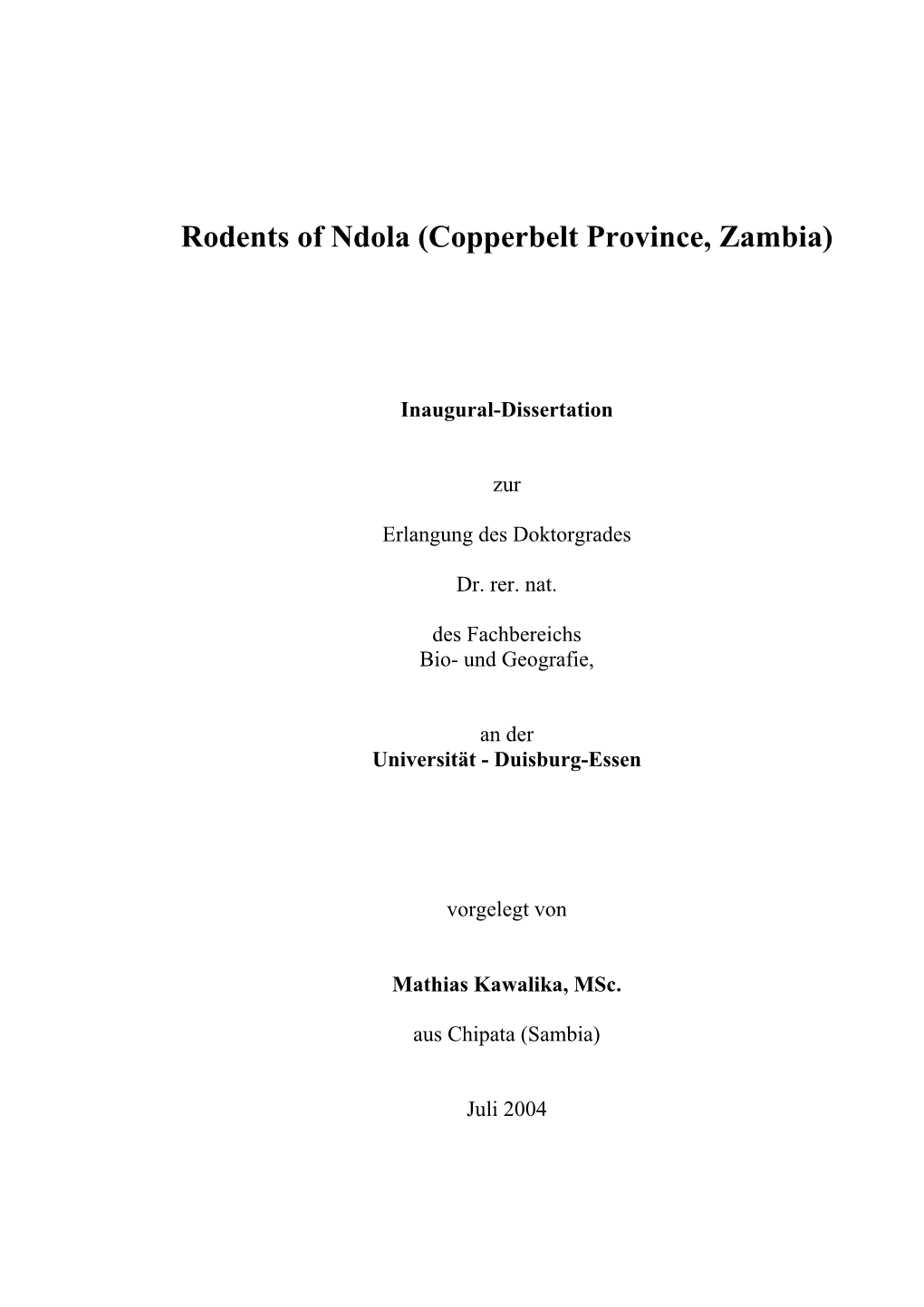 Rodents of Ndola (Copperbelt Province, Zambia)