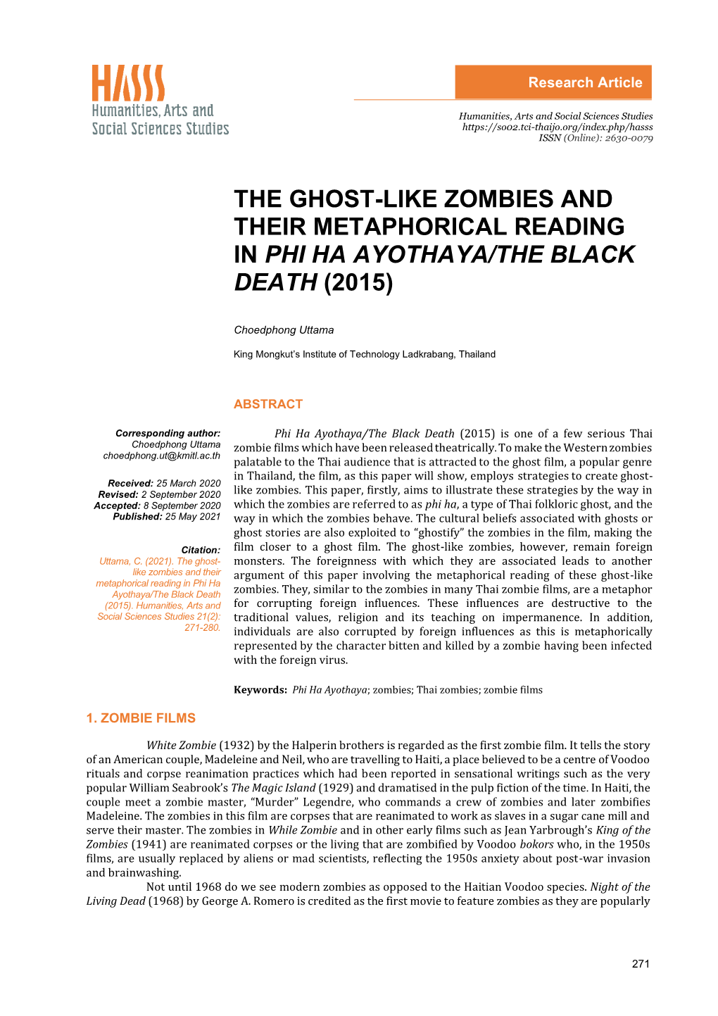 The Ghost-Like Zombies and Their Metaphorical Reading in Phi Ha Ayothaya/The Black Death (2015)