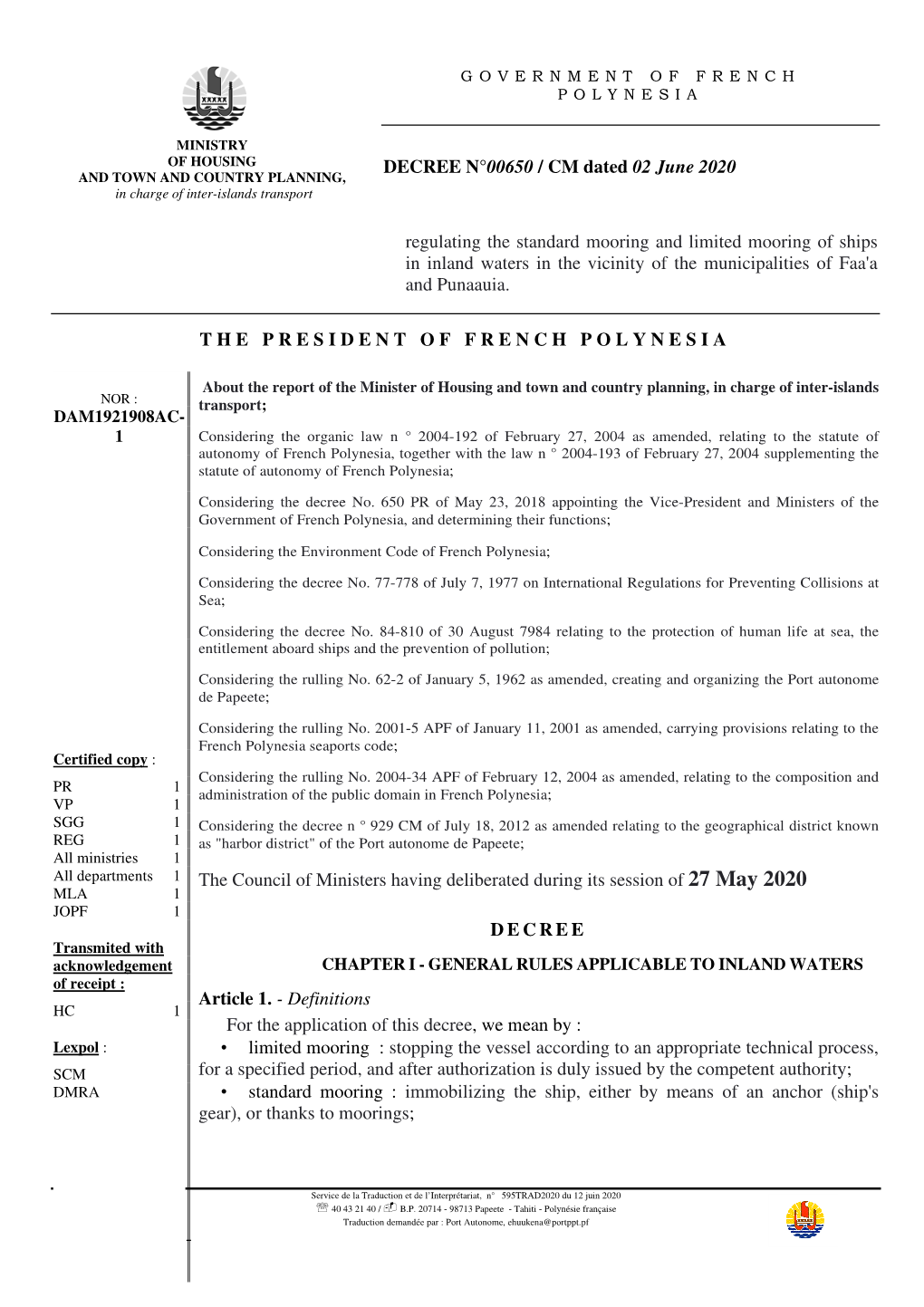 DECREE N°00650 / CM Dated 02 June