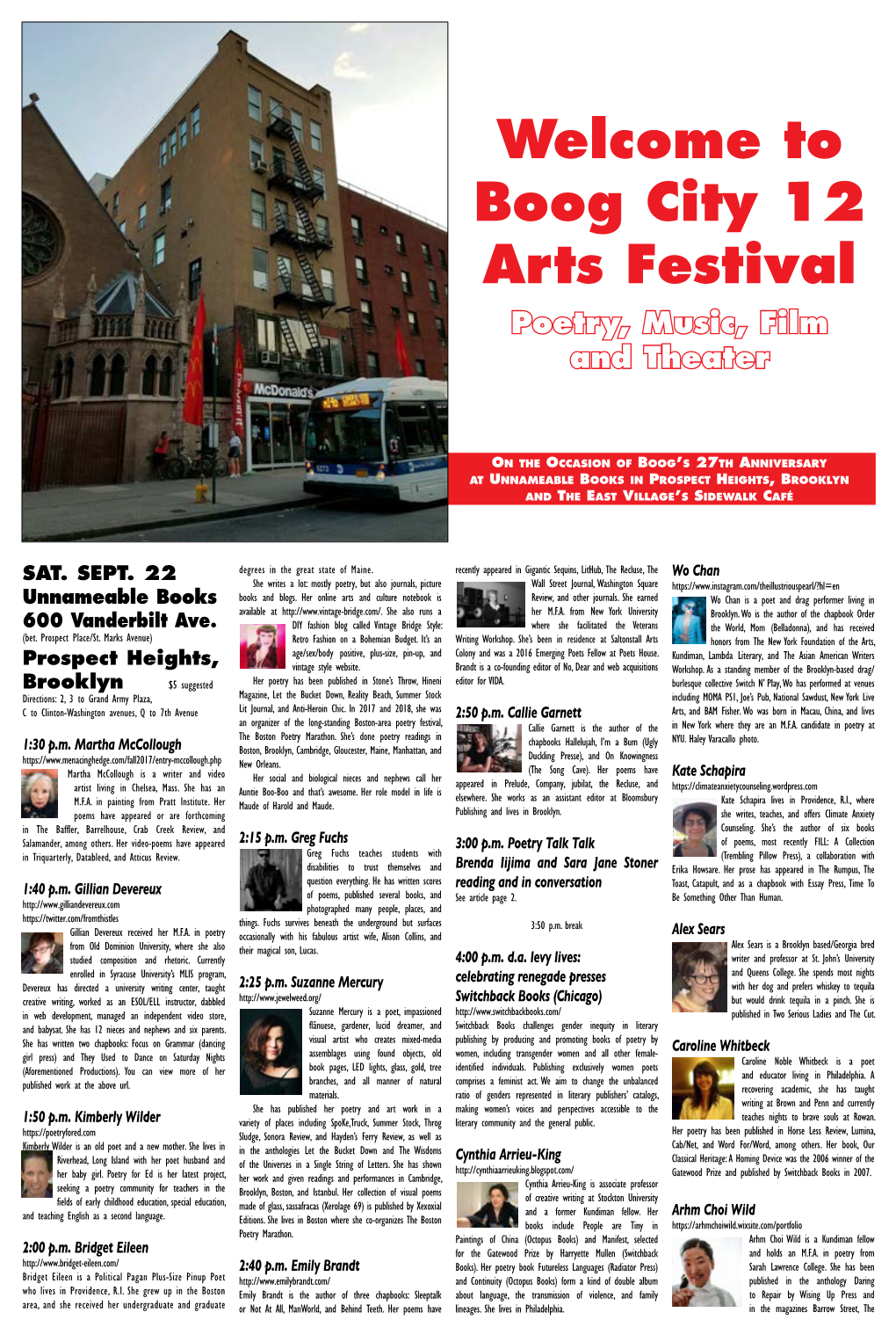 Welcome to Boog City 12 Arts Festival Poetry, Music, Film and Theater