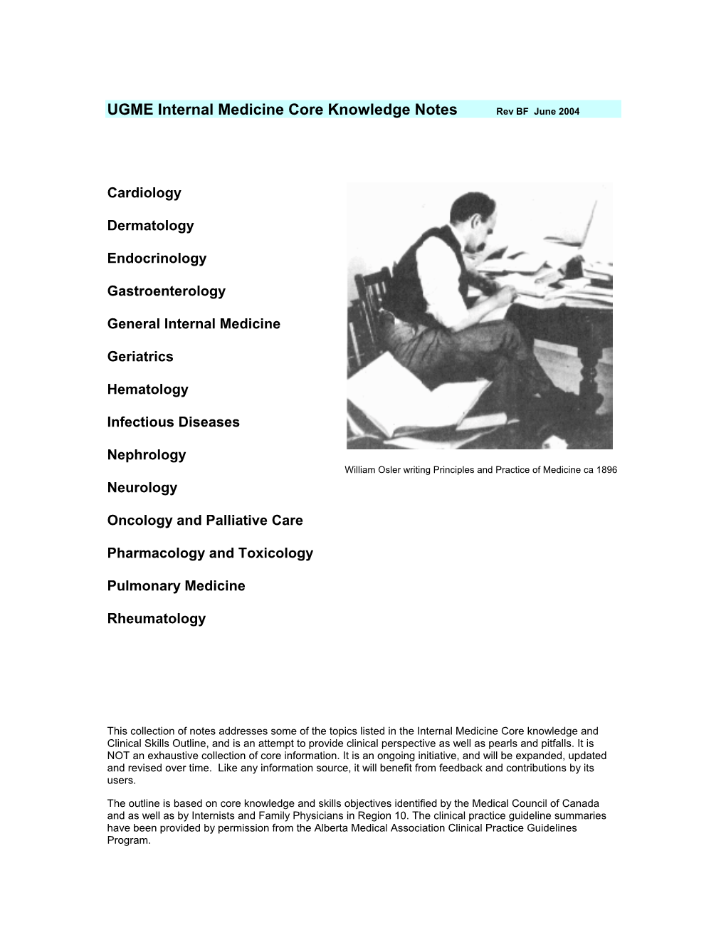 UGME Internal Medicine Core Knowledge Notes Rev BF June 2004