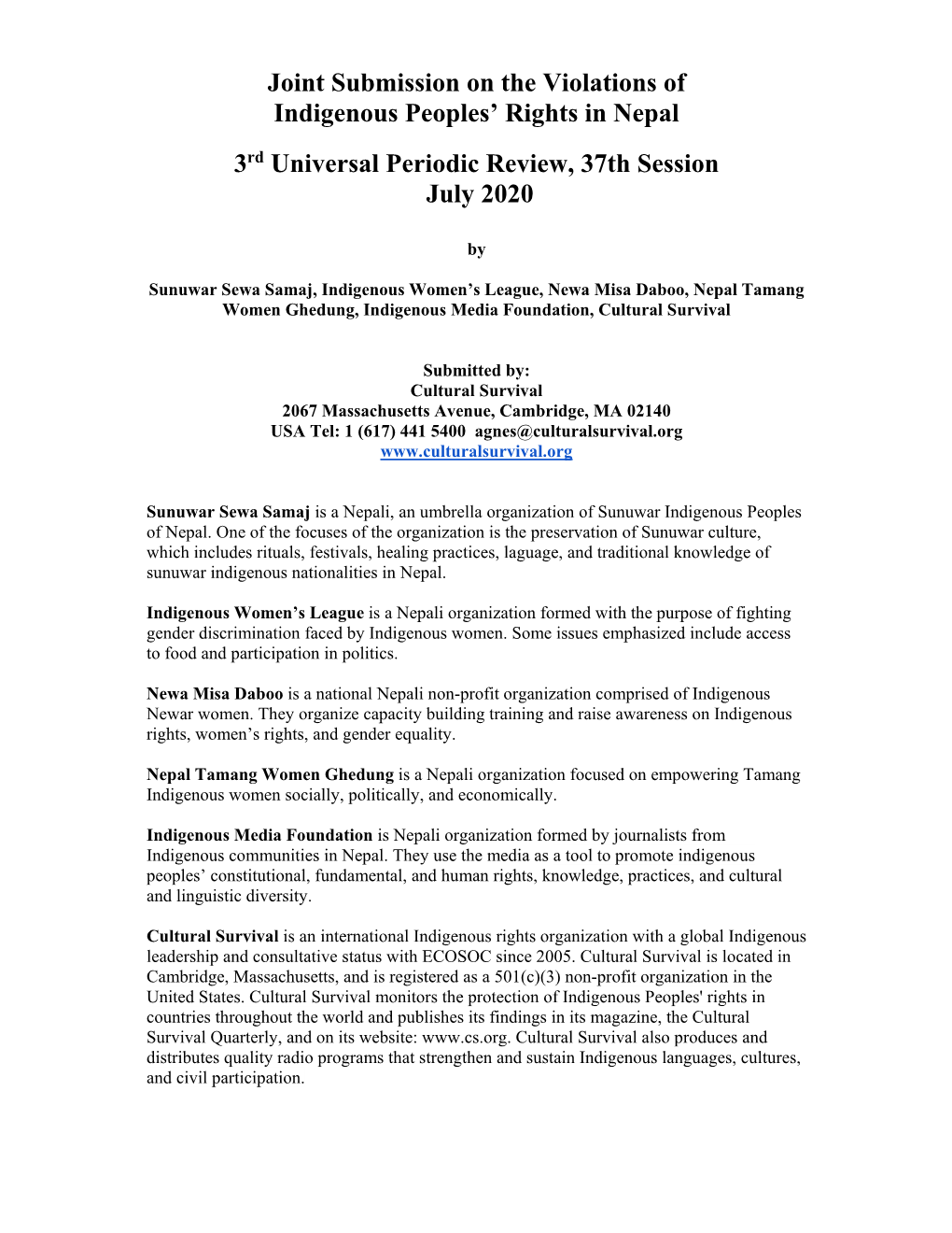 Joint Submission on the Violations of Indigenous Peoples' Rights in Nepal 3Rd Universal Periodic Review, 37Th Session July 2