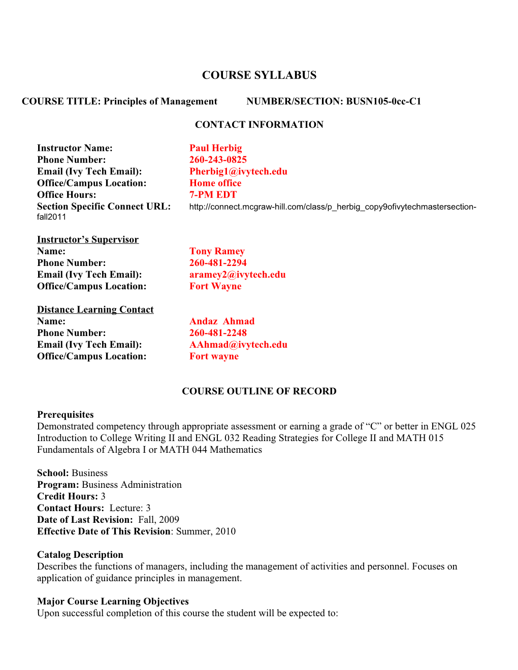 COURSE TITLE: Principles of Management NUMBER/SECTION: BUSN105-0Cc-C1