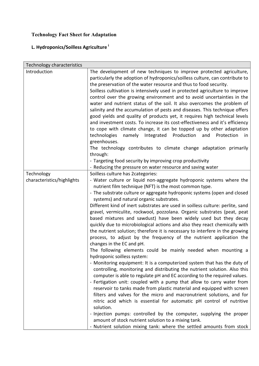 Technology Fact Sheet for Adaptation L. Hydroponics/Soilless Agriculture