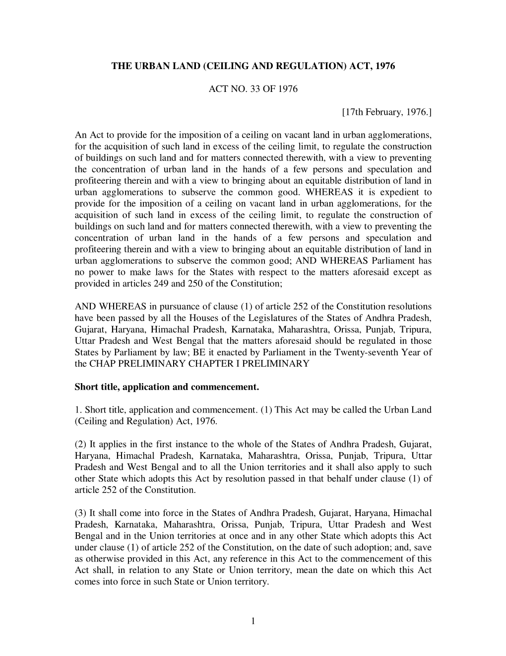 1 the Urban Land (Ceiling and Regulation) Act, 1976 Act No