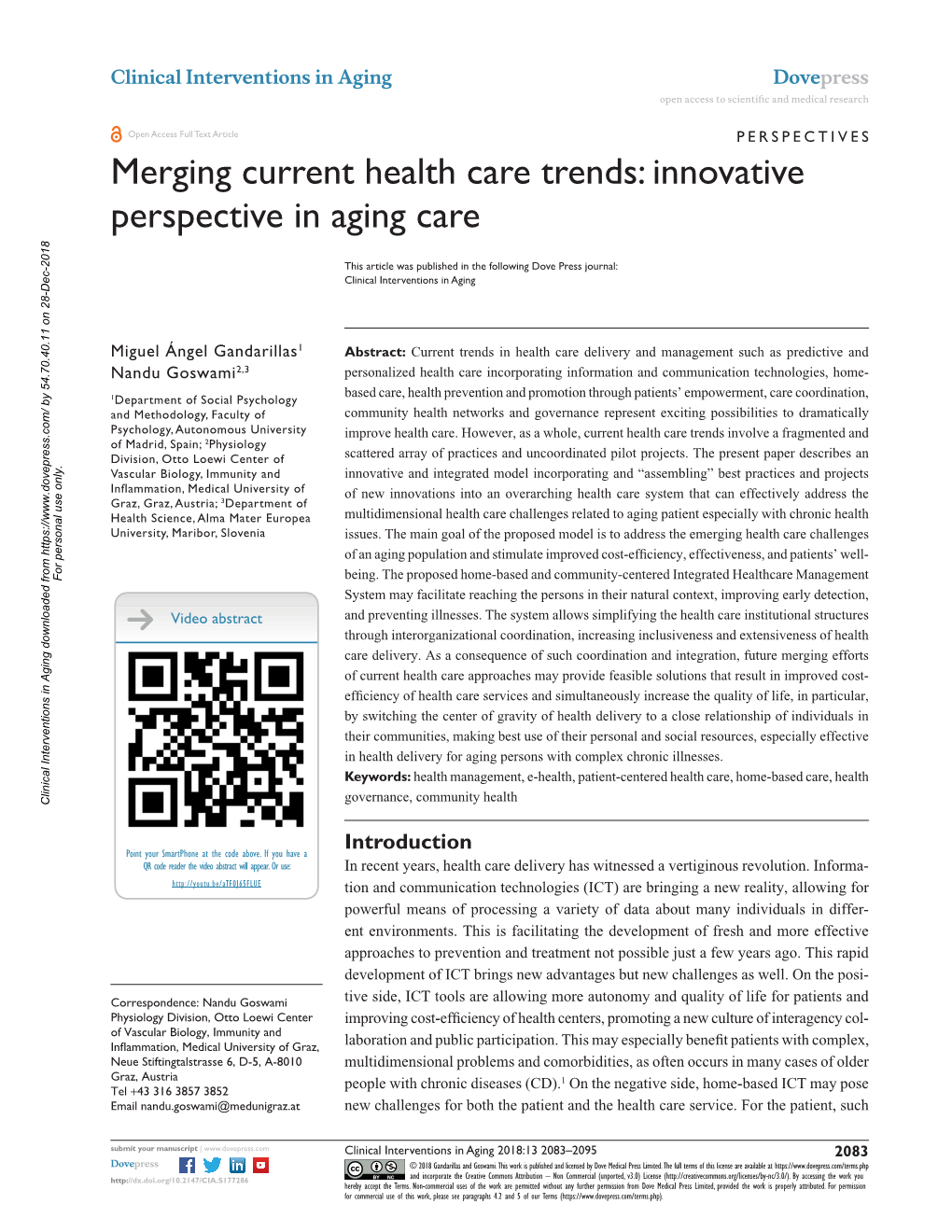 Innovative Perspective in Aging Care Open Access to Scientific and Medical Research DOI: 177286