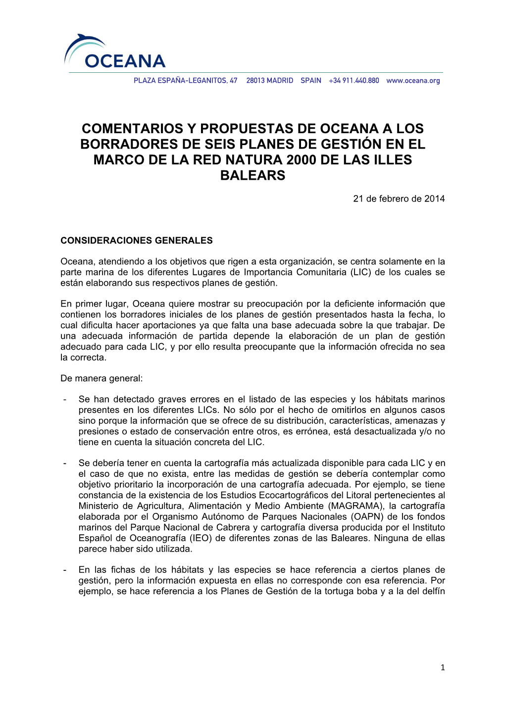 Comentarios Y Propuestas De Oceana a Los Borradores De Seis Planes De Gestión En El Marco De La Red Natura 2000 De Las Illes Balears