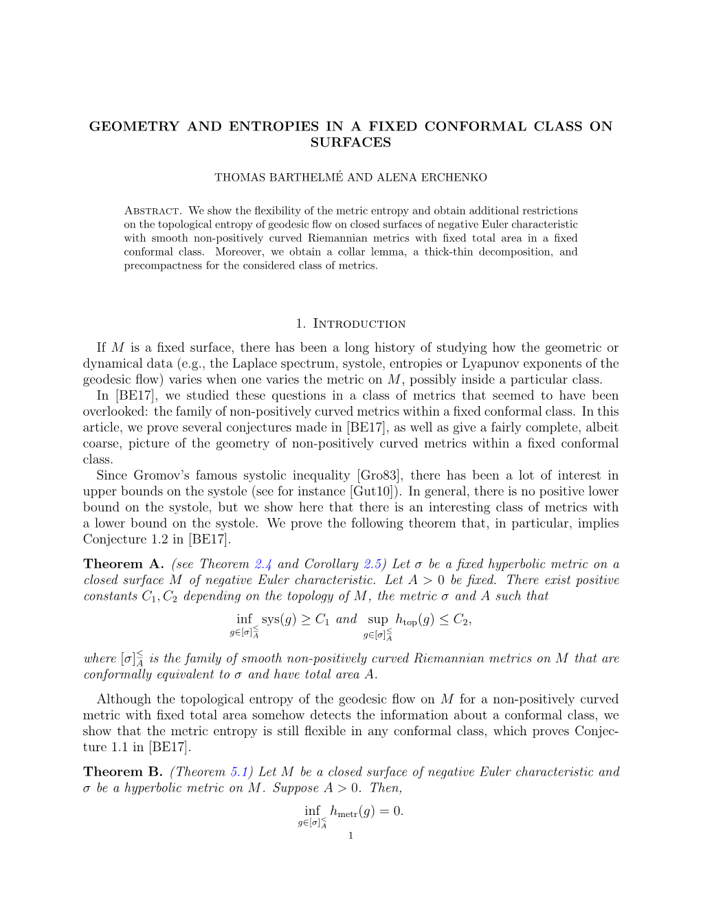 Geometry and Entropies in a Fixed Conformal Class on Surfaces