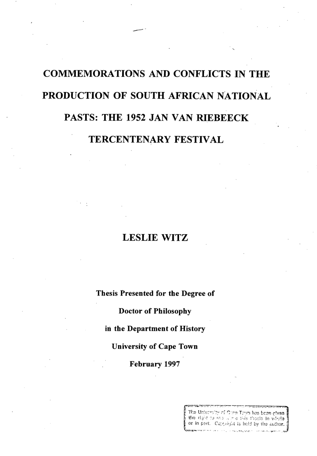 The 1952 Jan Van Riebeeck Tercentenary Festival