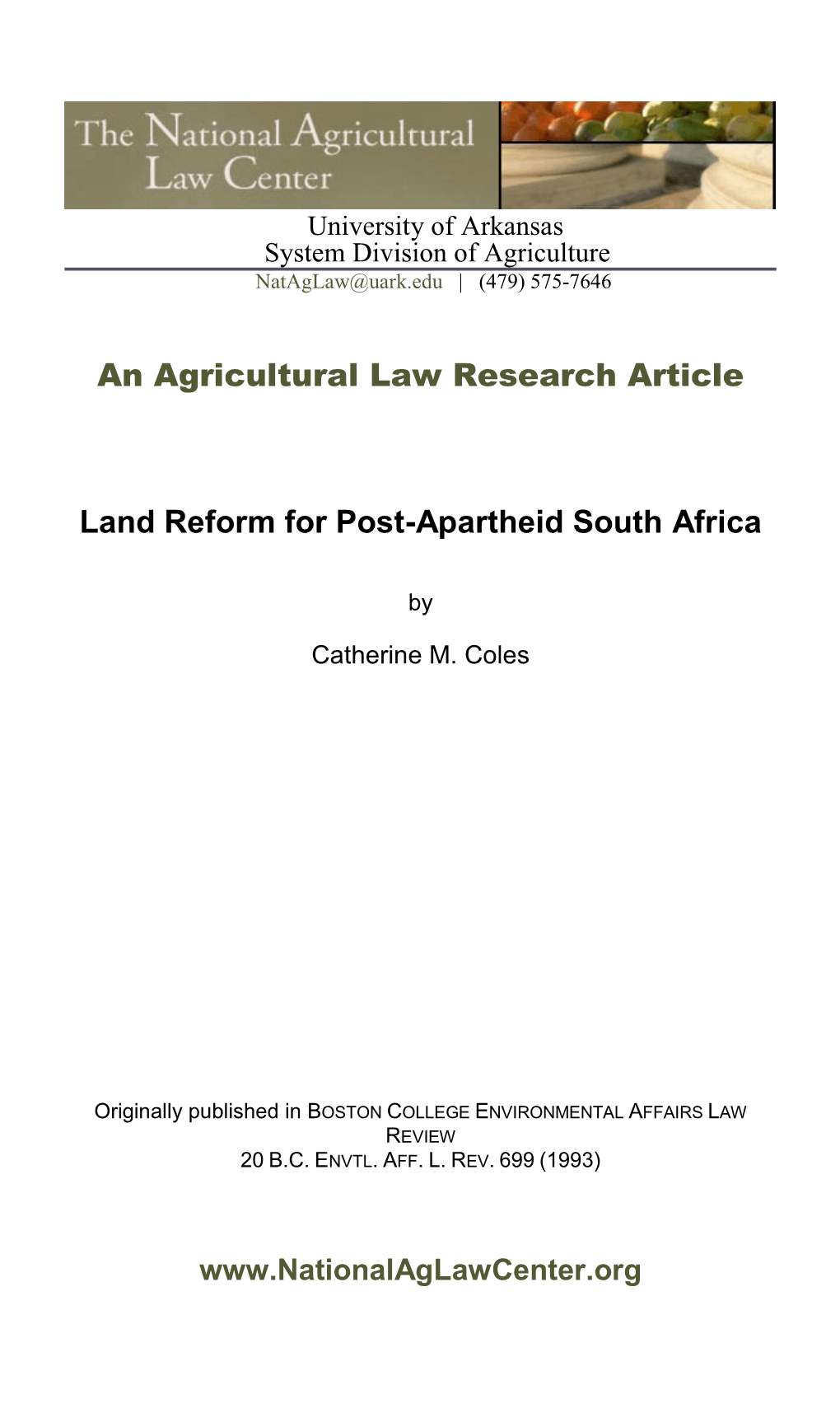 An Agricultural Law Research Article Land Reform for Post-Apartheid South Africa