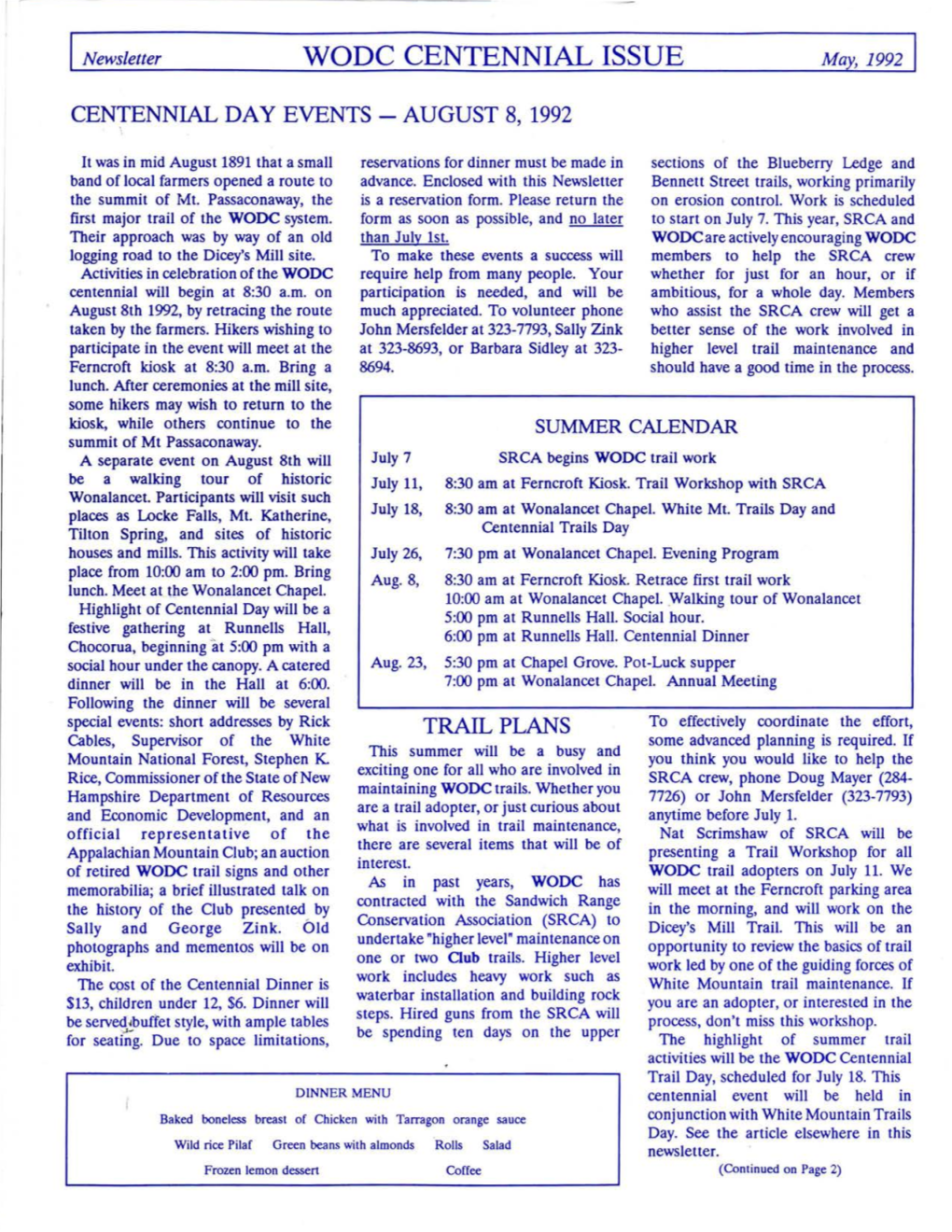 Newsletter WODC CENTENNIAL ISSUE May, 1992