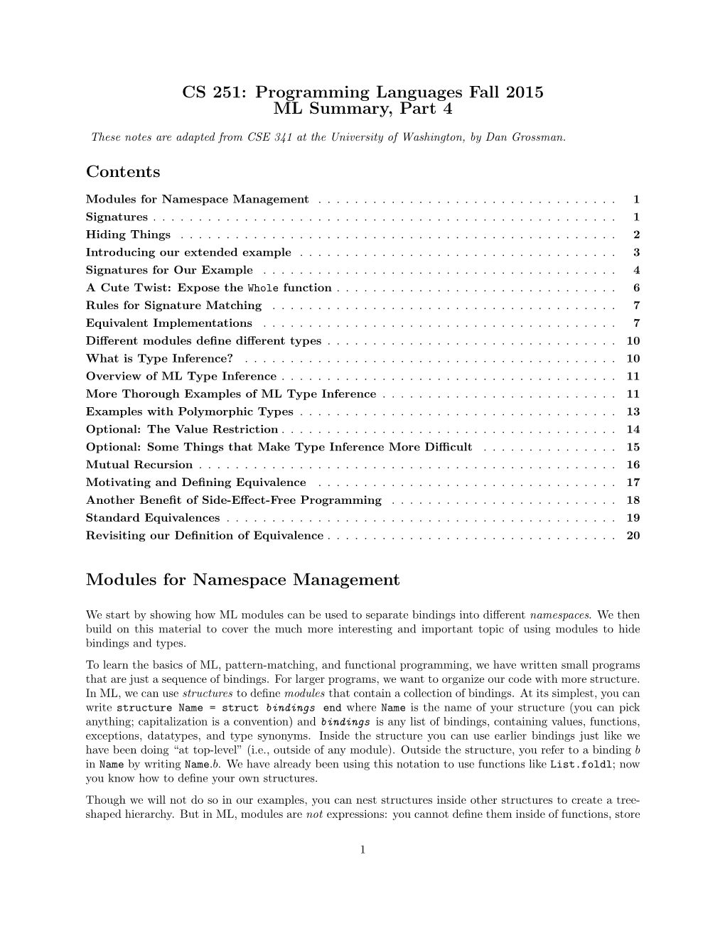 CS 251: Programming Languages Fall 2015 ML Summary, Part 4