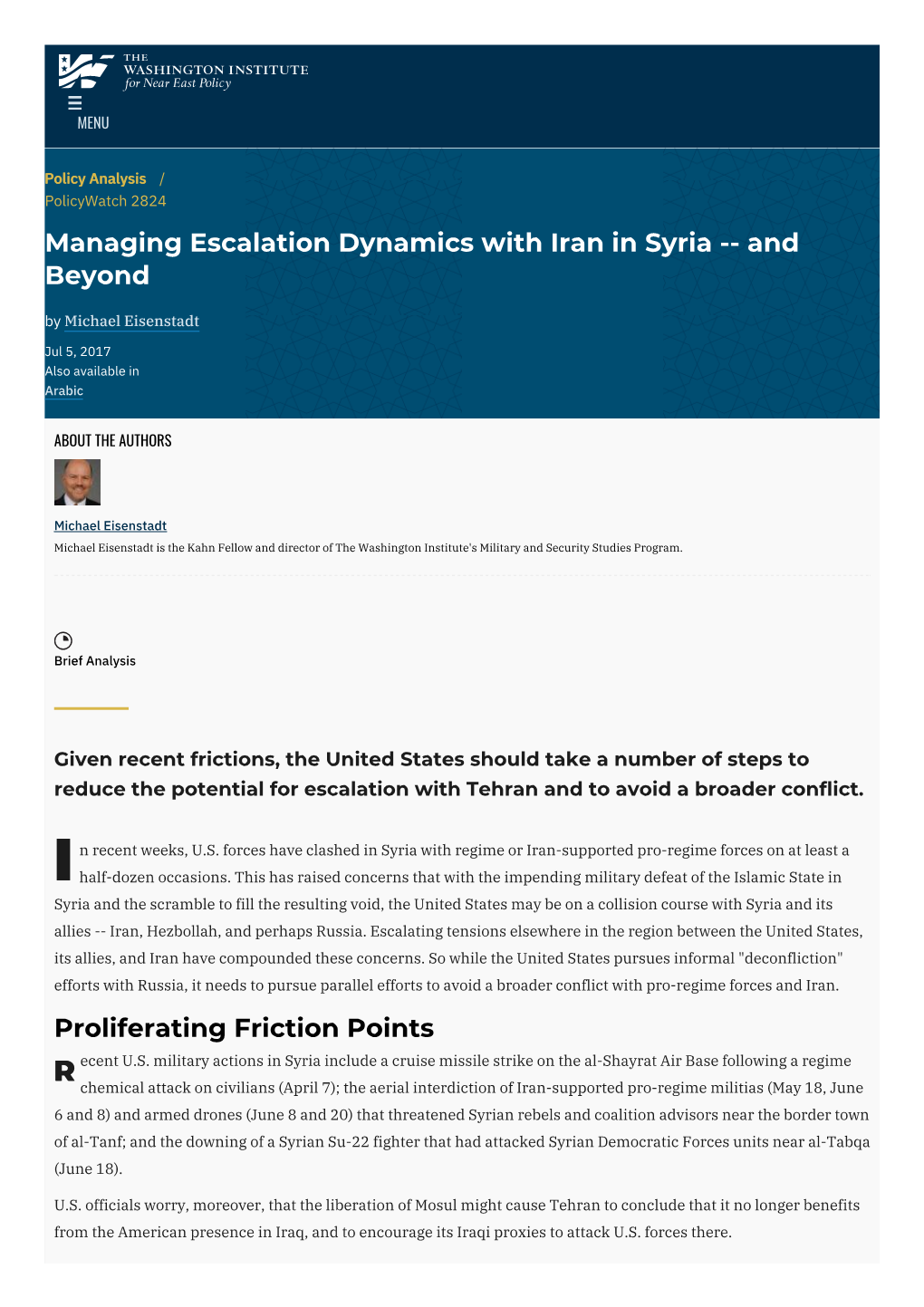 Managing Escalation Dynamics with Iran in Syria -- and Beyond by Michael Eisenstadt