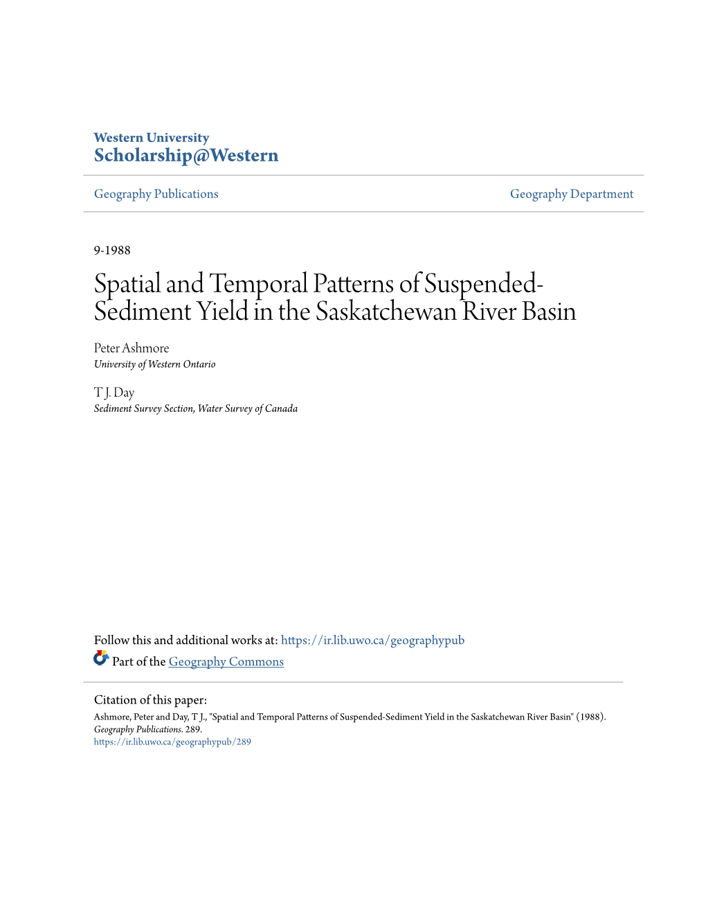 Spatial and Temporal Patterns of Suspended-Sediment Yield in the Saskatchewan River Basin