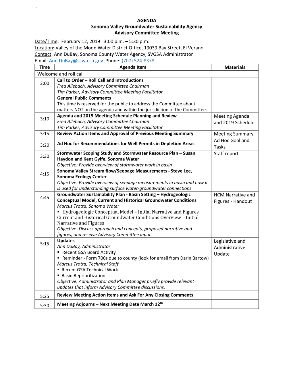 Sonoma Valley Groundwater Sustainability Agency Advisory Committee Meeting Date/Time: February 12, 2019 I 3:00 P.M