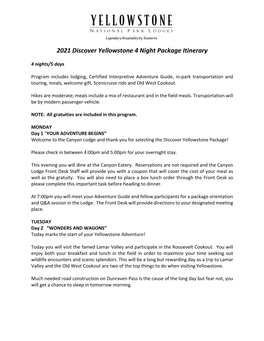 2021 Discover Yellowstone 4 Night Package Itinerary