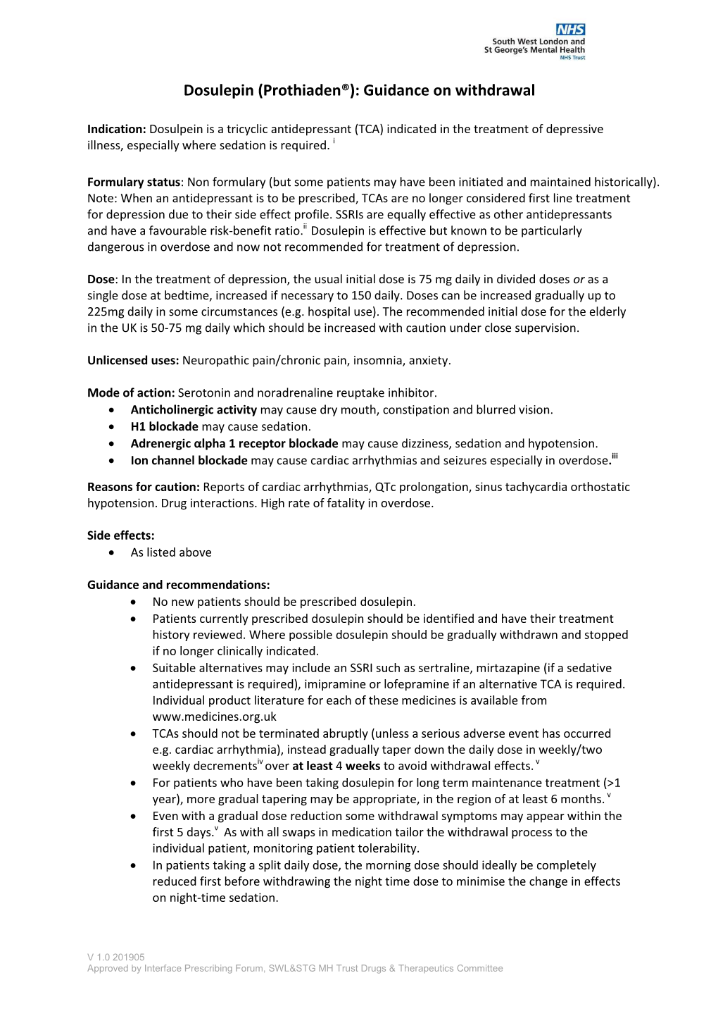 Dosulepin (Prothiaden®): Guidance on Withdrawal