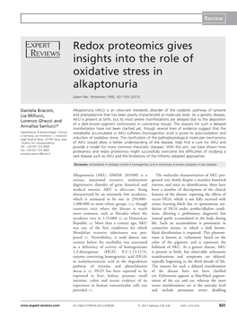 Redox Proteomics Gives Insights Into the Role of Oxidative Stress in Alkaptonuria