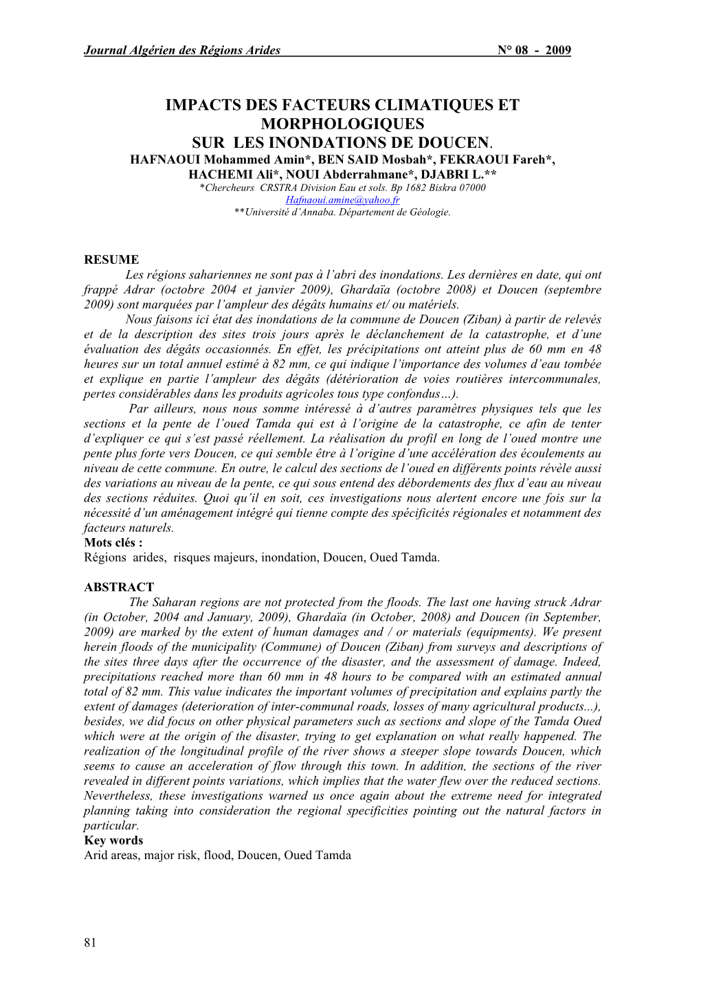 Impacts Des Facteurs Climatiques Et Morphologiques Sur Les Inondations De Doucen