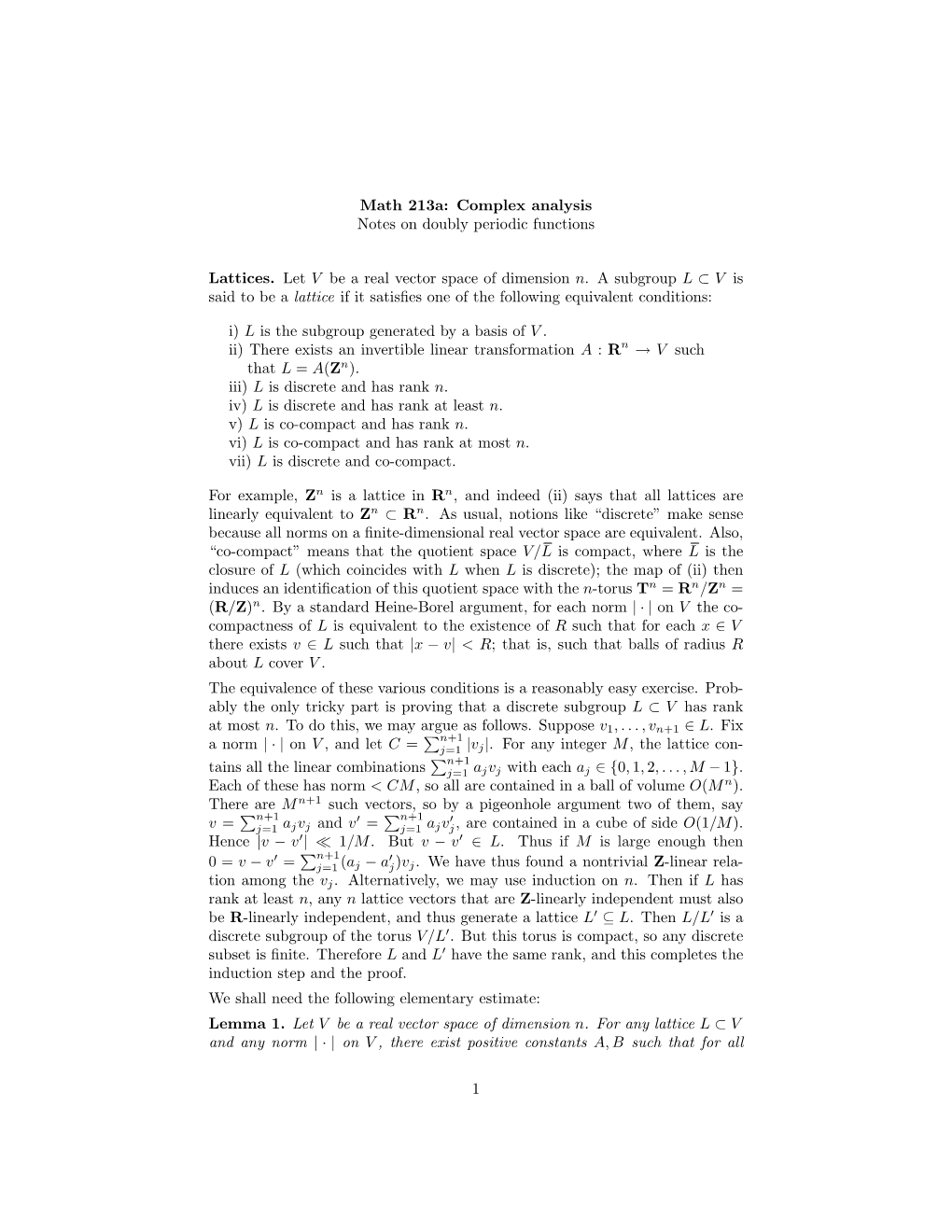 Math 213A: Complex Analysis Notes on Doubly Periodic Functions