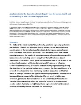 A Submission to the Australian Senate Inquiry Into the Status, Health and Sustainability of Australia’S Koala Population