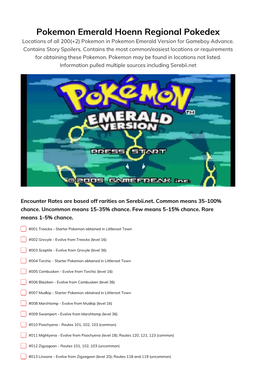 Pokemon Emerald Hoenn Regional Pokedex Locations of All 200(+2) Pokemon in Pokemon Emerald Version for Gameboy Advance