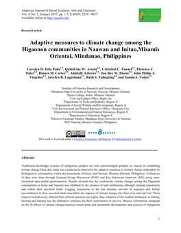 Adaptive Measures to Climate Change Among the Higaonon Communities in Naawan and Initao,Misamis Oriental, Mindanao, Philippines
