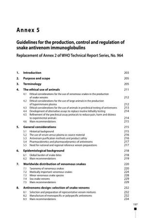 Guidelines for the Production, Control and Regulation of Snake Antivenom Immunoglobulins Replacement of Annex 2 of WHO Technical Report Series, No