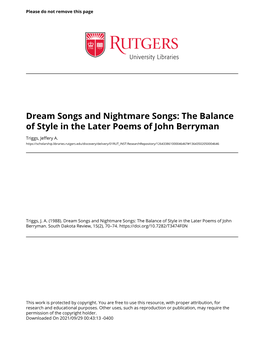 Dream Songs and Nightmare Songs: the Balance of Style in the Later Poems of John Berryman