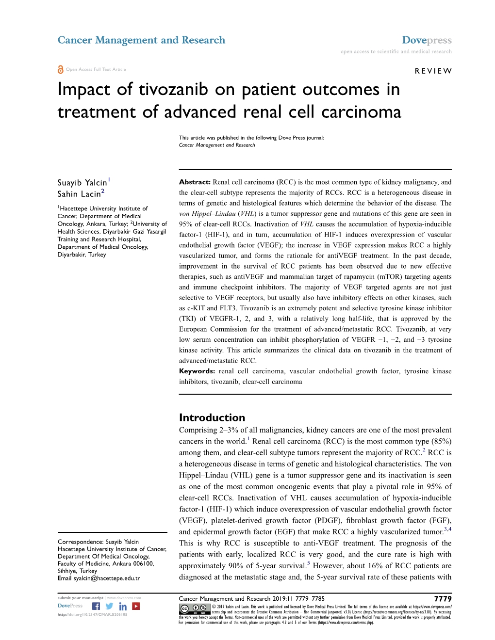 Impact of Tivozanib on Patient Outcomes in Treatment of Advanced Renal Cell Carcinoma