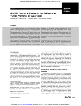 Rnd3 in Cancer: a Review of the Evidence for Tumor Promoter Or Suppressor Lisa Paysan1,2,Leo� Piquet1,2,Fred� Eric� Saltel1,2, and Violaine Moreau1,2