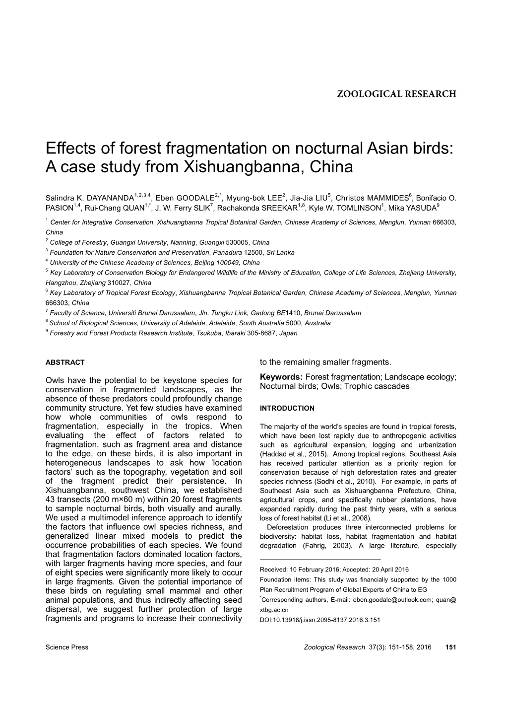 Effects of Forest Fragmentation on Nocturnal Asian Birds: a Case Study from Xishuangbanna, China