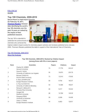 Top 100 Chemists, 2000-2010 - Sciencewatch.Com - Thomson Reuters Page 1 of 7