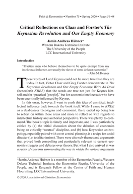Critical Reflections on Claar and Forster's the Keynesian Revolution and Our Empty Economy