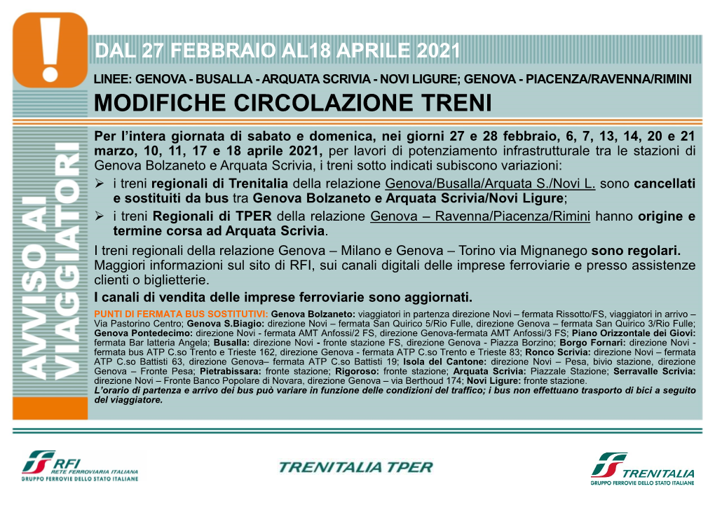 Arquata Scrivia - Novi Ligure; Genova - Piacenza/Ravenna/Rimini Modifiche Circolazione Treni