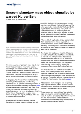 Unseen 'Planetary Mass Object' Signalled by Warped Kuiper Belt 22 June 2017, by Daniel Stolte