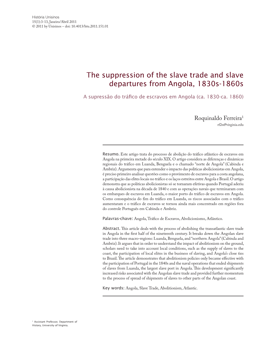 The Suppression of the Slave Trade and Slave Departures from Angola, 1830S-1860S