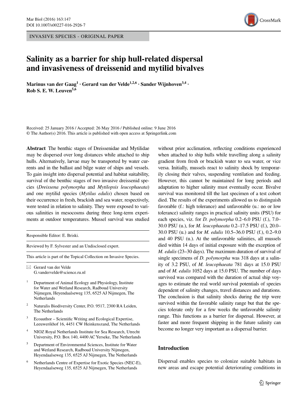 Salinity As a Barrier for Ship Hull-Related Dispersal And