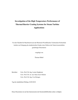 Investigation of the High Temperature Performance of Thermal Barrier Coating Systems for Steam Turbine