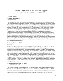 Federal Legislation NOW Activists Support* Summary by Leah Starbuck, NOW Government Relations Intern