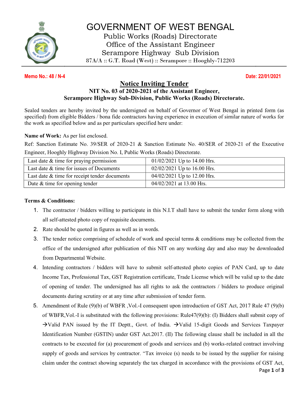 GOVERNMENT of WEST BENGAL Public Works (Roads) Directorate Office of the Assistant Engineer Serampore Highway Sub Division 87A/A :: G.T